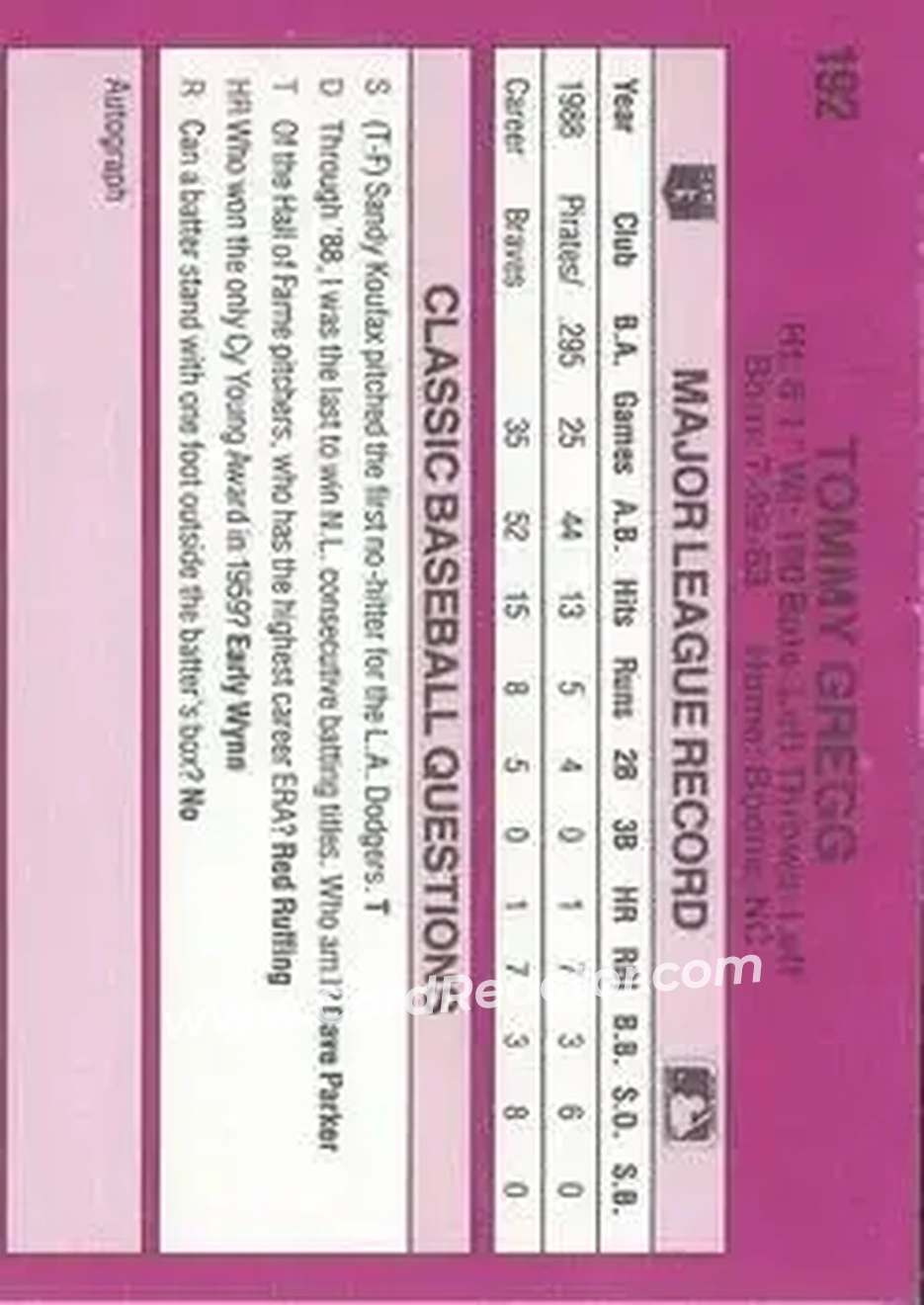 1989 Classic #192 - Tommy Gregg - Atlanta Braves - Back 1989 Classic #192 - Tommy Gregg - Atlanta Braves - Back