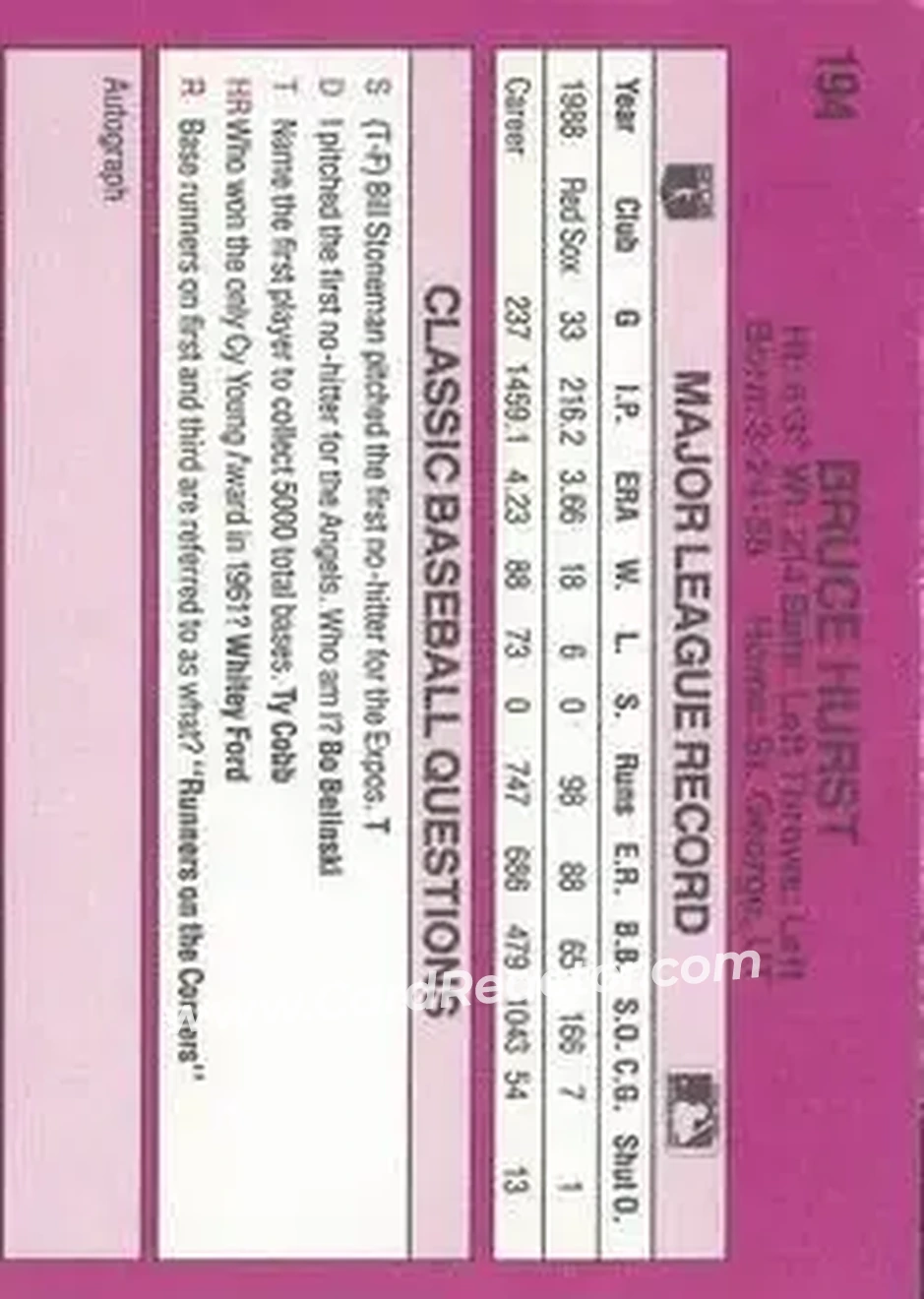 1989 Classic #194 - Bruce Hurst - San Diego Padres - Back