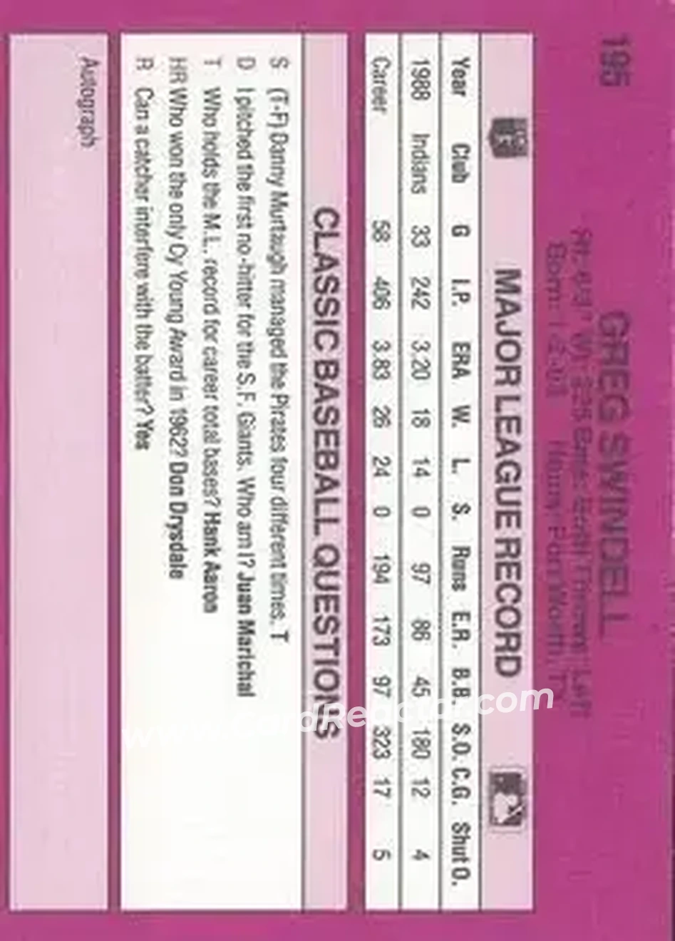 1989 Classic #195 - Greg Swindell - Cleveland Indians - Back