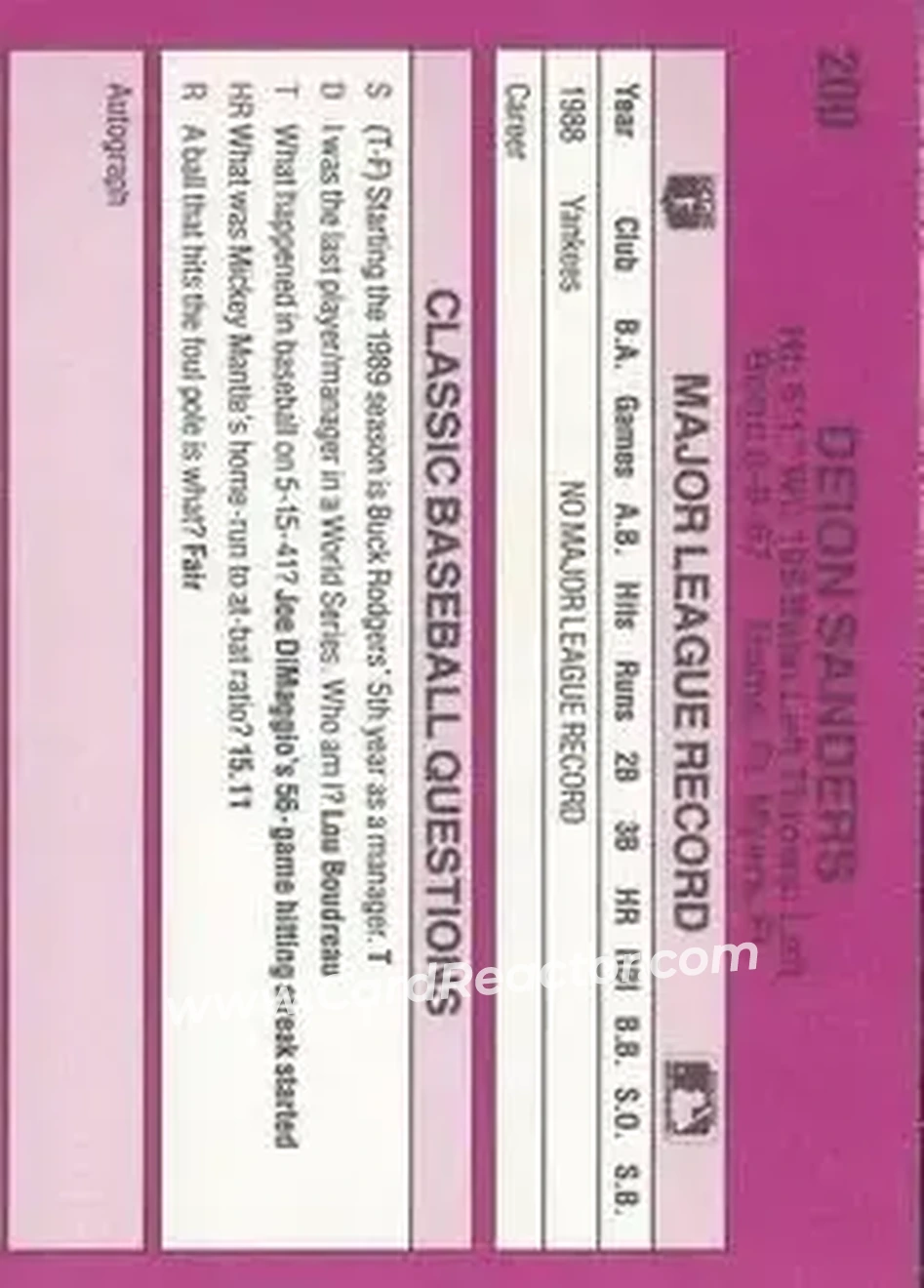 1989 Classic #200 - Deion Sanders - New York Yankees - Back 1989 Classic #200 - Deion Sanders - New York Yankees - Back