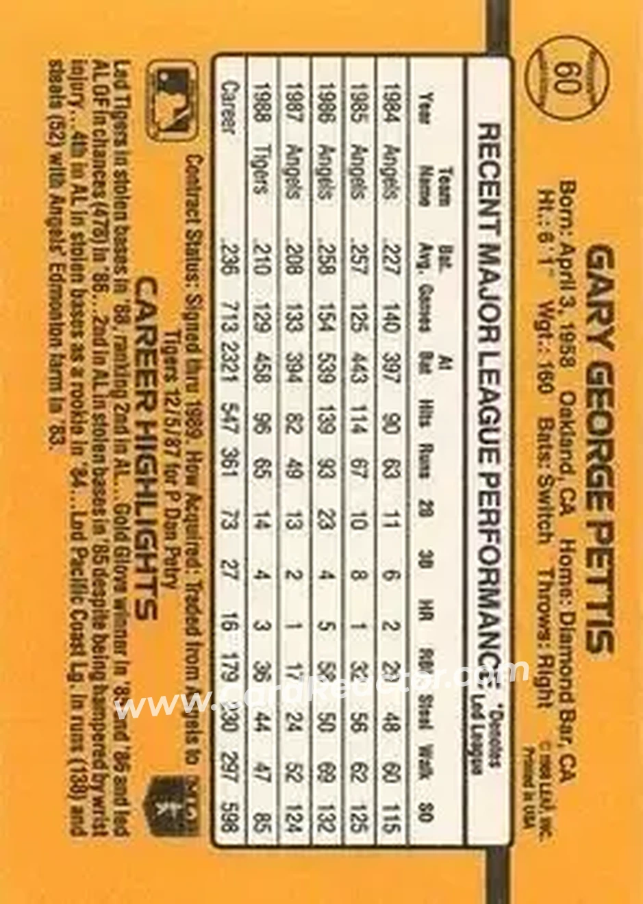 1989 Donruss #60 - Gary Pettis - Detroit Tigers - Back 1989 Donruss #60 - Gary Pettis - Detroit Tigers - Back