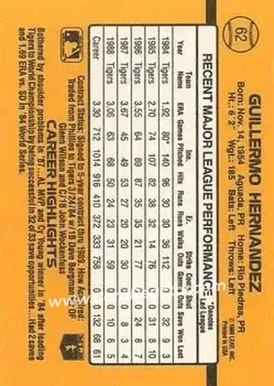 1989 Donruss #62 - Willie Hernandez - Detroit Tigers - Back
