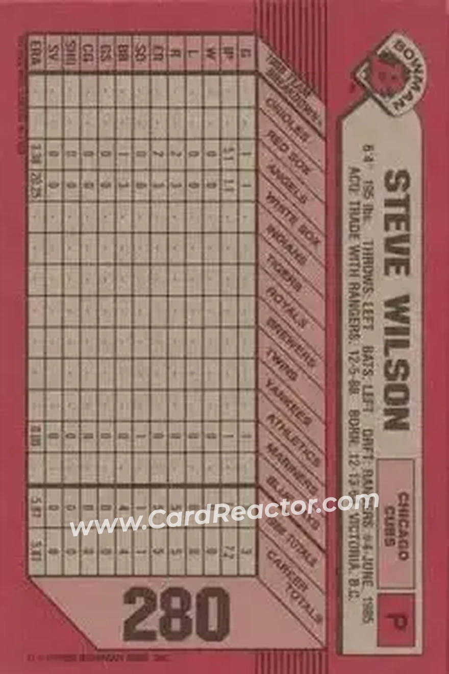 1989 Bowman #280 - Steve Wilson - Chicago Cubs - Back 1989 Bowman #280 - Steve Wilson - Chicago Cubs - Back
