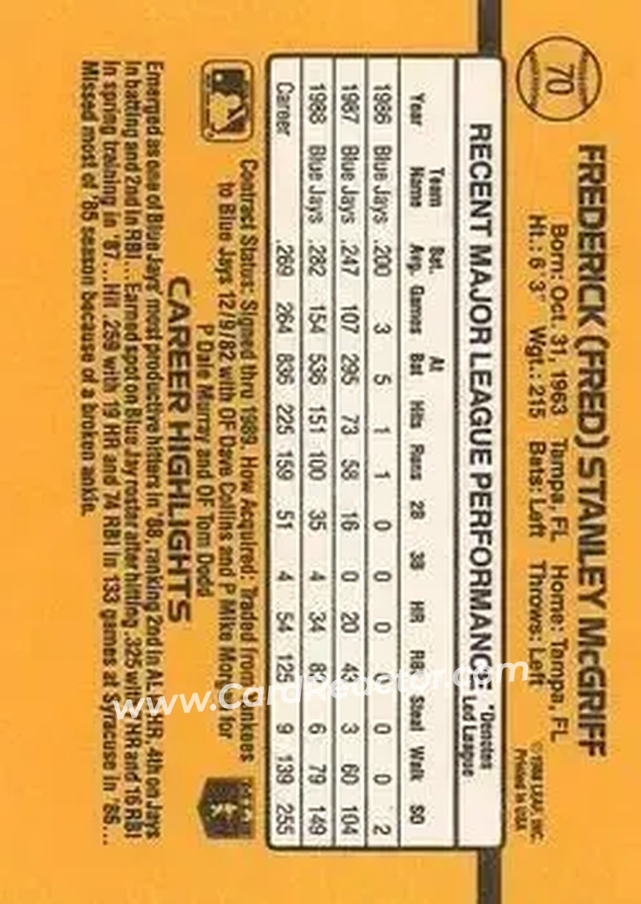 1989 Donruss #70 - Fred McGriff - Toronto Blue Jays - Back