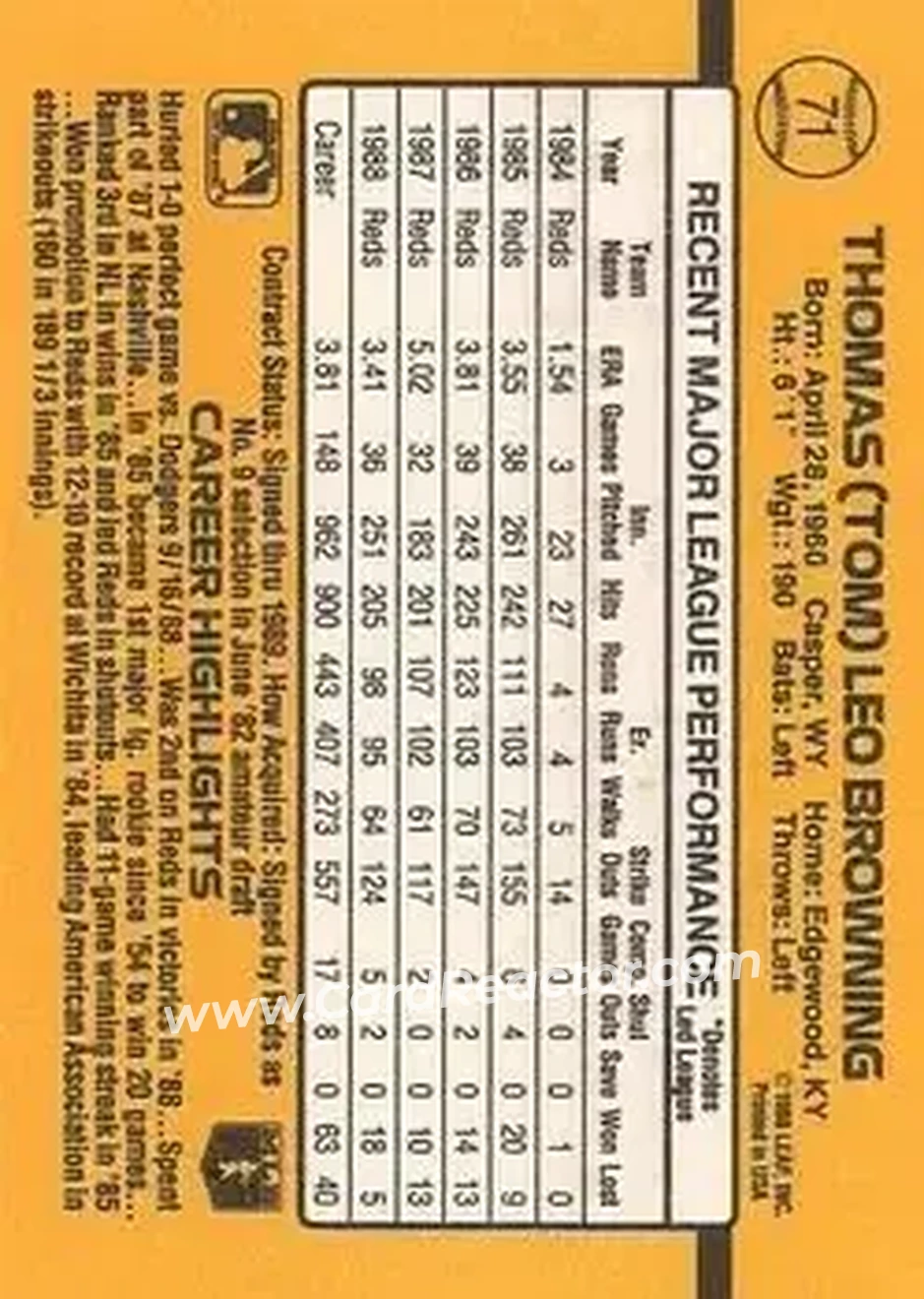 1989 Donruss #71 - Tom Browning - Cincinnati Reds - Back 1989 Donruss #71 - Tom Browning - Cincinnati Reds - Back