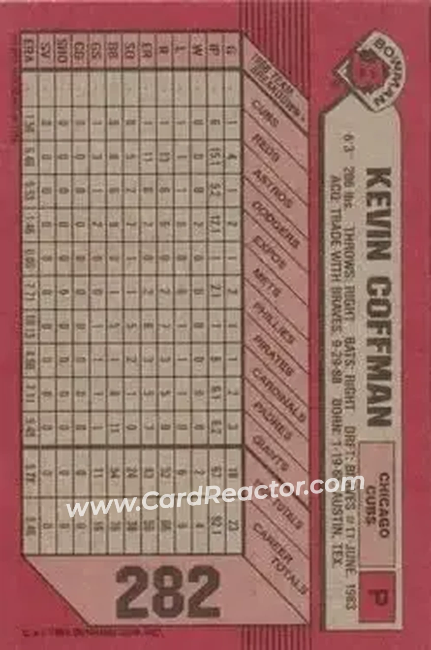 1989 Bowman #282 - Kevin Coffman - Chicago Cubs - Back