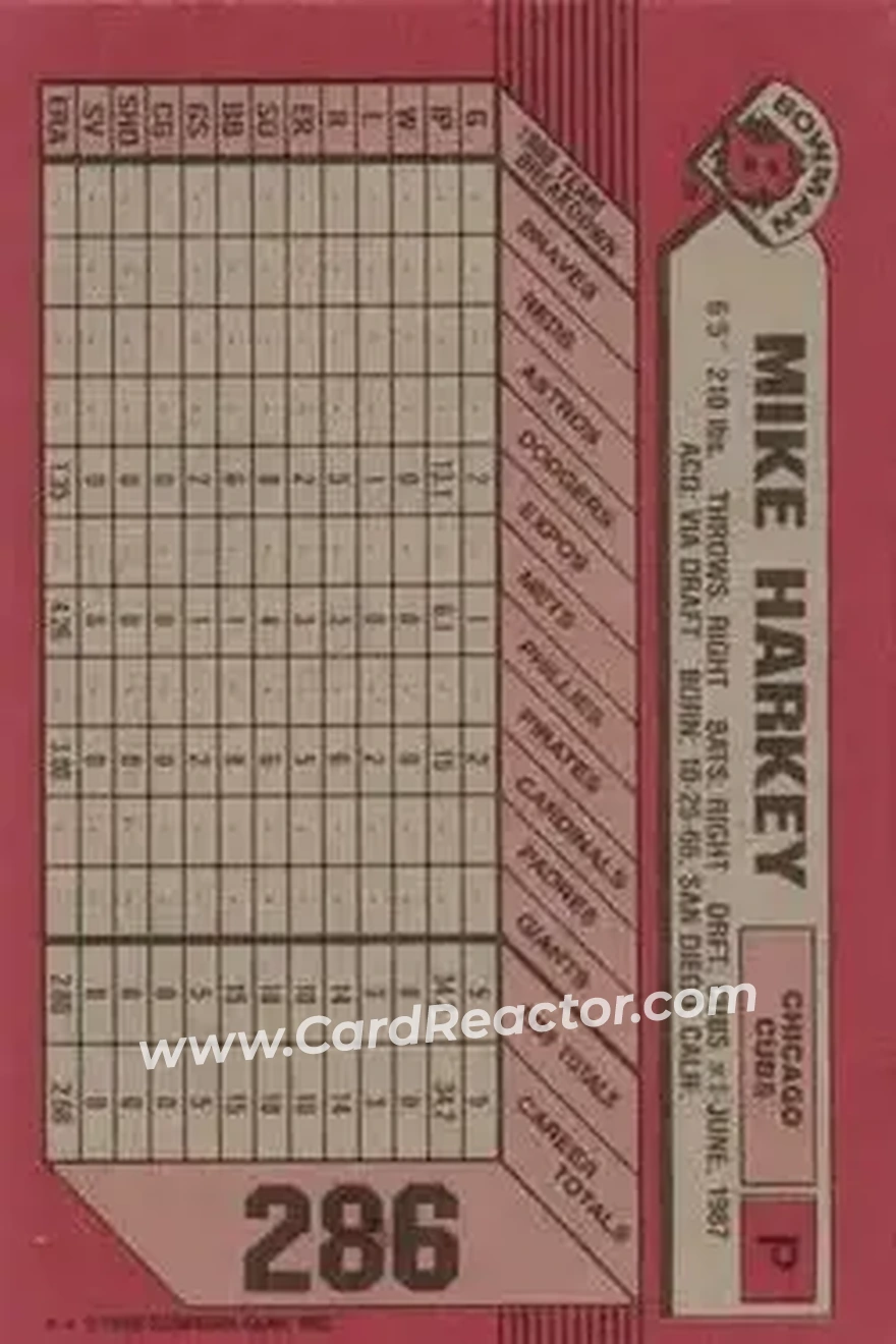 1989 Bowman #286 - Mike Harkey - Chicago Cubs - Back