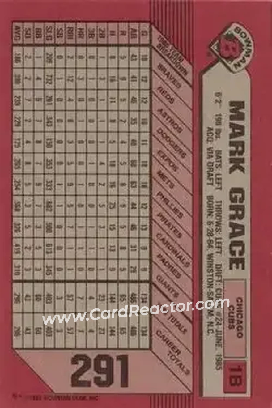 1989 Bowman #291 - Mark Grace - Chicago Cubs - Back