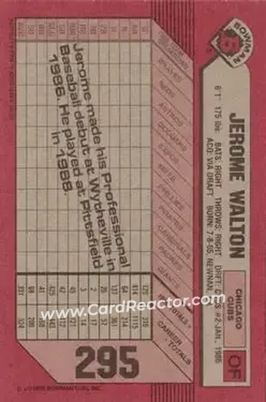 1989 Bowman #295 - Jerome Walton - Chicago Cubs - Back 1989 Bowman #295 - Jerome Walton - Chicago Cubs - Back