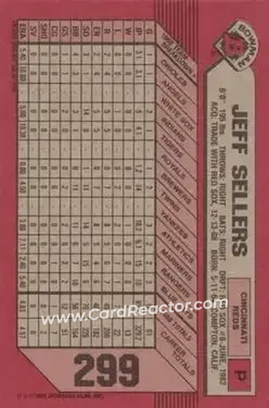 1989 Bowman #299 - Jeff Sellers - Cincinnati Reds - Back 1989 Bowman #299 - Jeff Sellers - Cincinnati Reds - Back