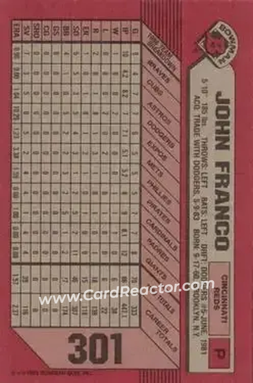 1989 Bowman #301 - John Franco - Cincinnati Reds - Back 1989 Bowman #301 - John Franco - Cincinnati Reds - Back
