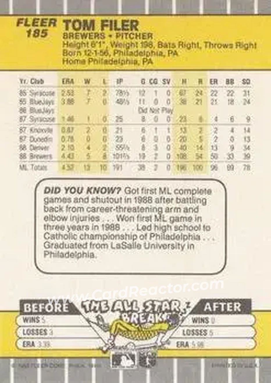 1989 Fleer #185 - Tom Filer - Milwaukee Brewers - Back