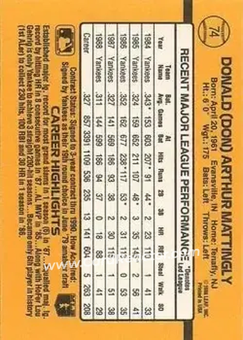 1989 Donruss #74 - Don Mattingly - New York Yankees - Back