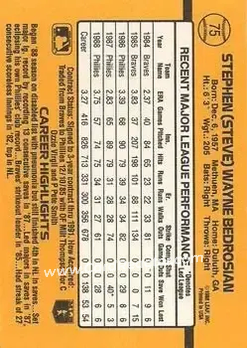 1989 Donruss #75 - Steve Bedrosian - Philadelphia Phillies - Back