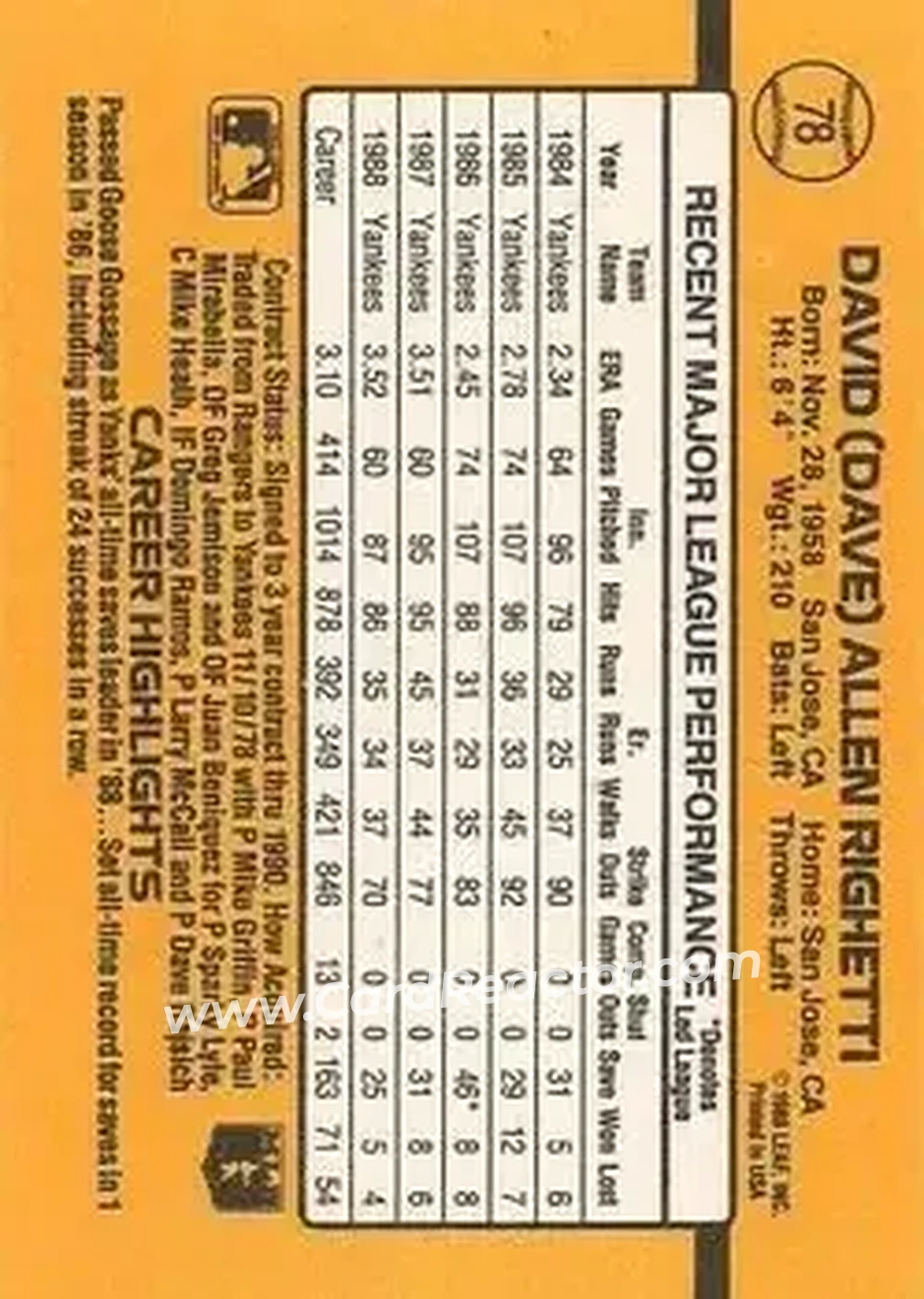 1989 Donruss #78 - Dave Righetti - New York Yankees - Back
