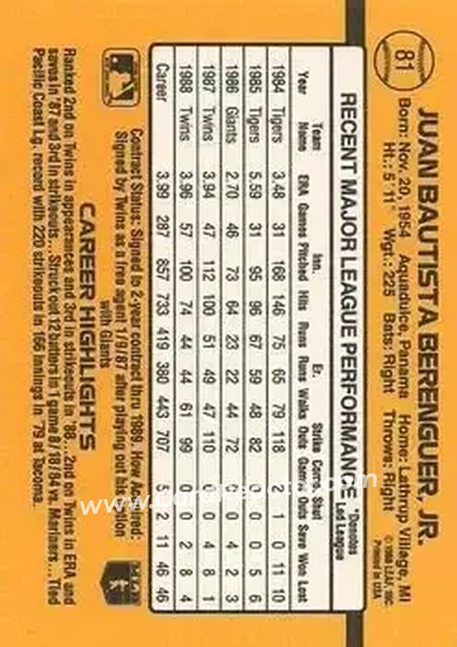 1989 Donruss #81 - Juan Berenguer - Minnesota Twins - Back 1989 Donruss #81 - Juan Berenguer - Minnesota Twins - Back