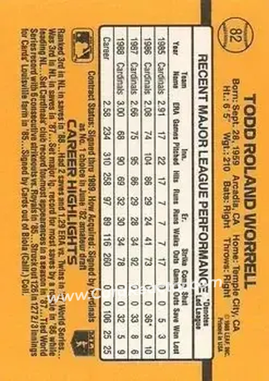 1989 Donruss #82 - Todd Worrell - St. Louis Cardinals - Back