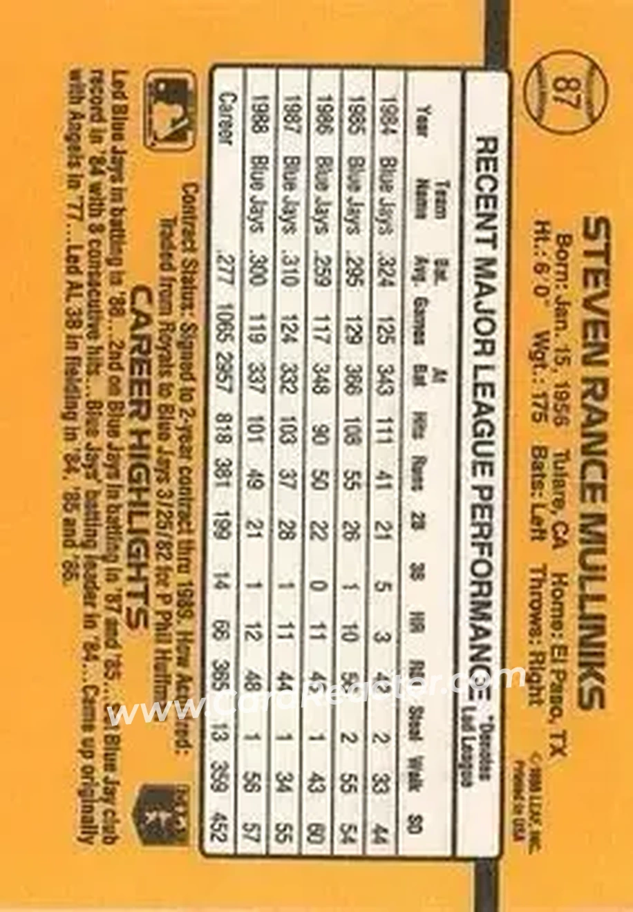1989 Donruss #87 - Rance Mulliniks - Toronto Blue Jays - Back 1989 Donruss #87 - Rance Mulliniks - Toronto Blue Jays - Back