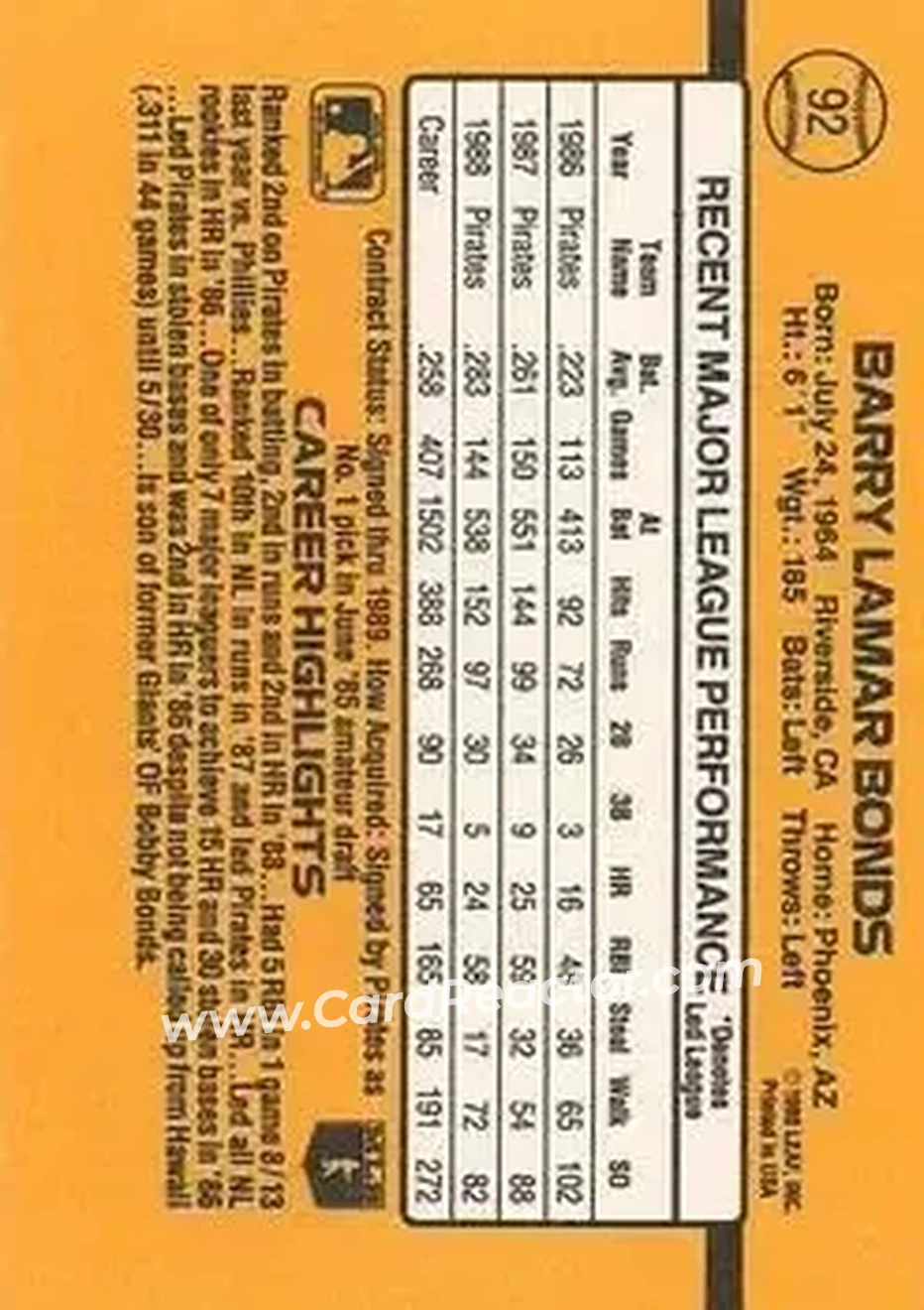 1989 Donruss #92 - Barry Bonds - Pittsburgh Pirates - Back