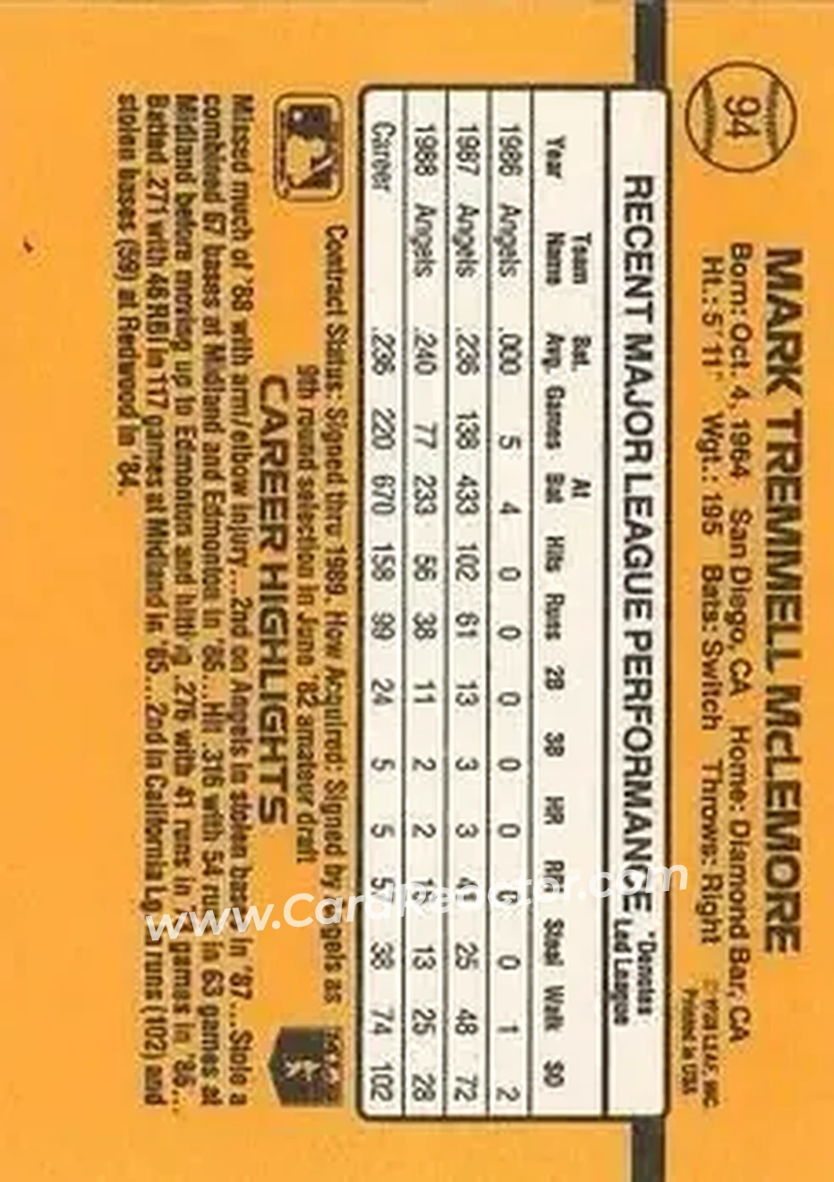 1989 Donruss #94 - Mark McLemore - California Angels - Back 1989 Donruss #94 - Mark McLemore - California Angels - Back