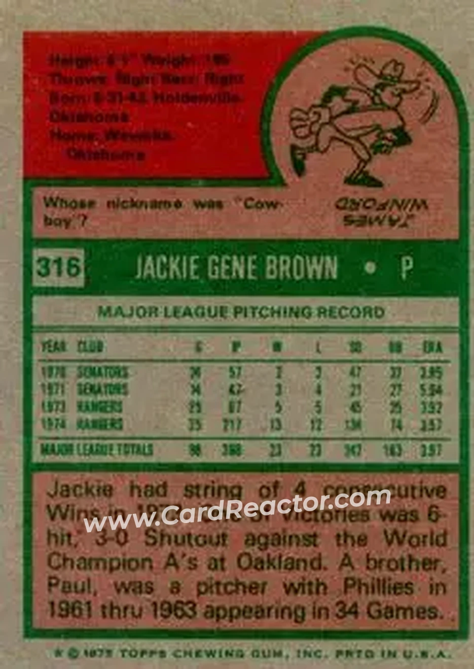 1975 Topps #316 - Jackie Brown - Texas Rangers - Back