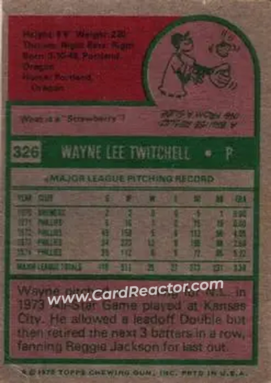 1975 Topps #326 - Wayne Twitchell - Philadelphia Phillies - Back