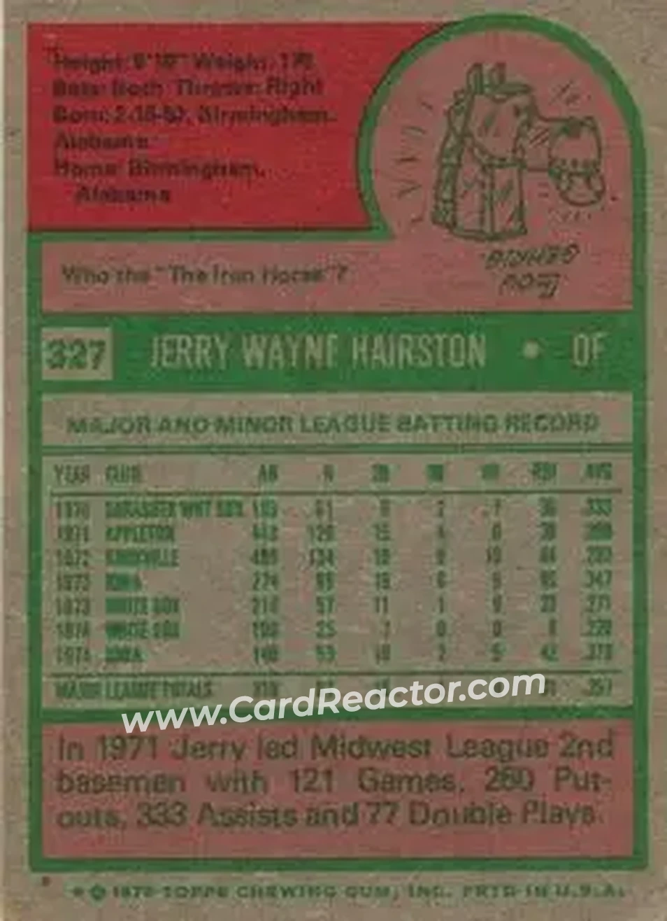 1975 Topps #327 - Jerry Hairston - Chicago White Sox - Back 1975 Topps #327 - Jerry Hairston - Chicago White Sox - Back