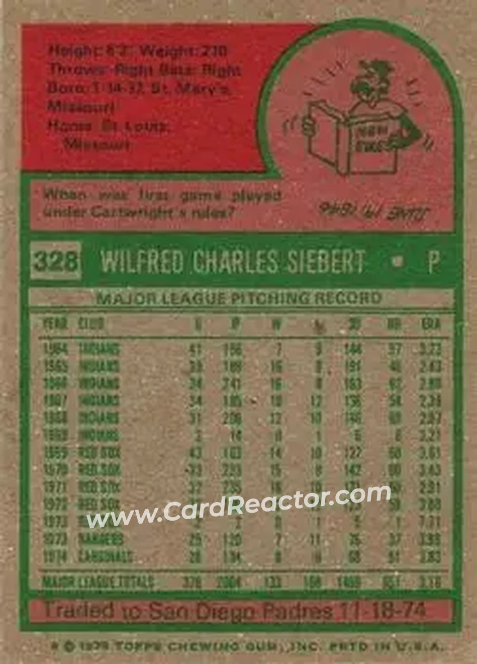 1975 Topps #328 - Sonny Siebert - St. Louis Cardinals - Back