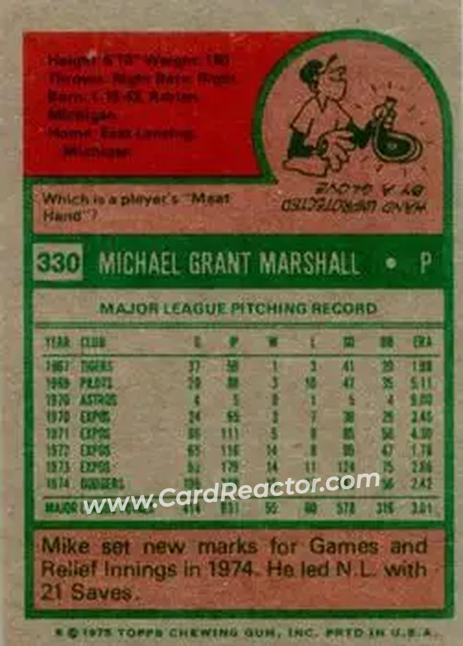1975 Topps #330 - Mike Marshall - Los Angeles Dodgers - Back