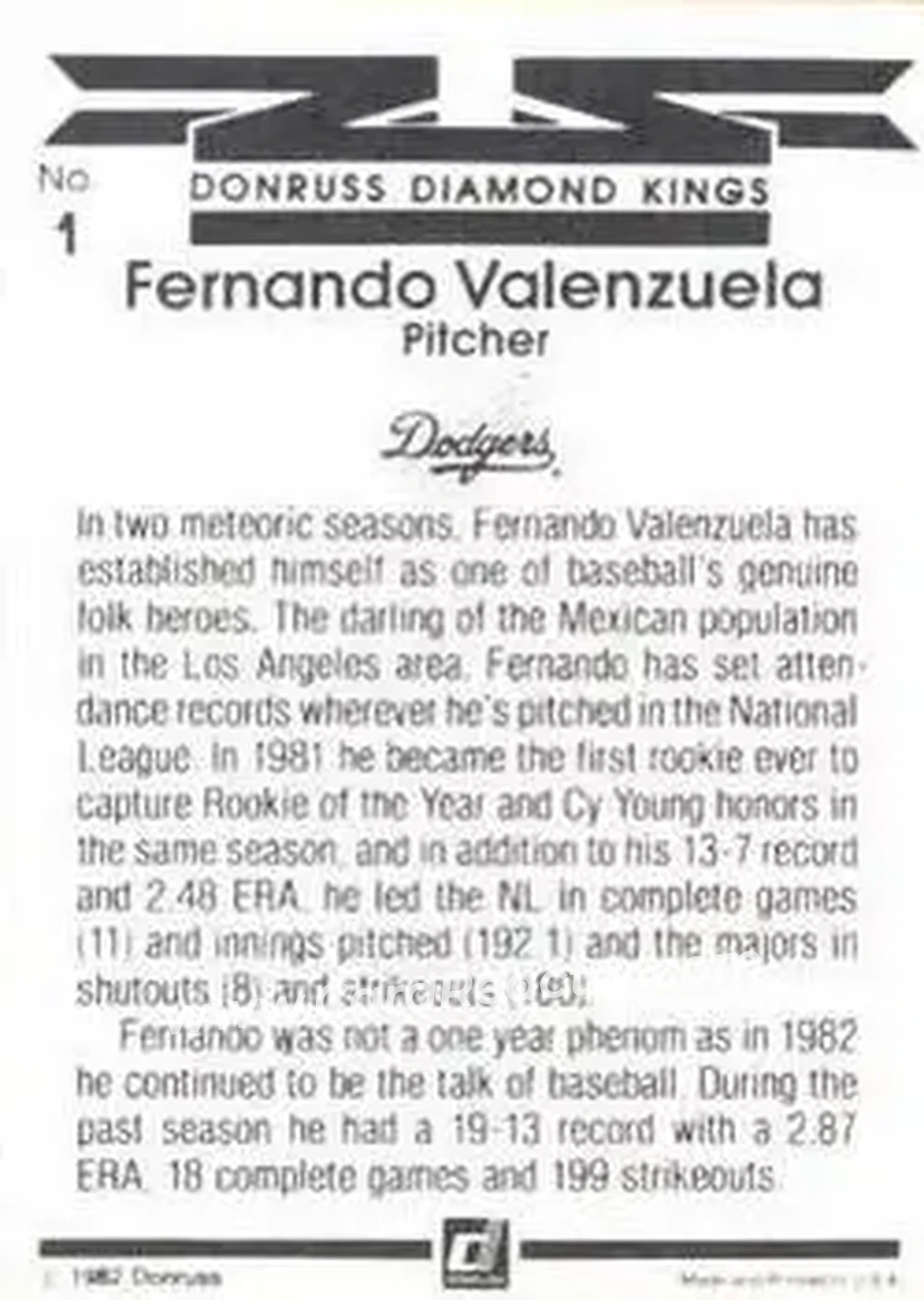 1983 Donruss #1 - Fernando Valenzuela - Los Angeles Dodgers - Back