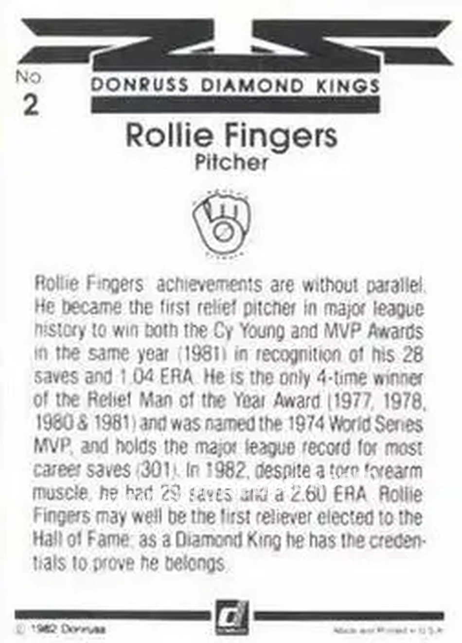 1983 Donruss #2 - Rollie Fingers - Milwaukee Brewers - Back