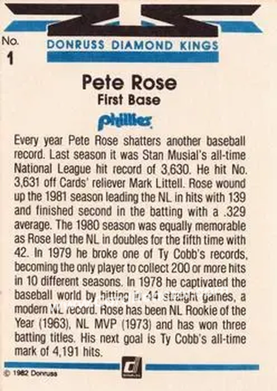 1982 Donruss #1 - Pete Rose - Philadelphia Phillies - Back 1982 Donruss #1 - Pete Rose - Philadelphia Phillies - Back