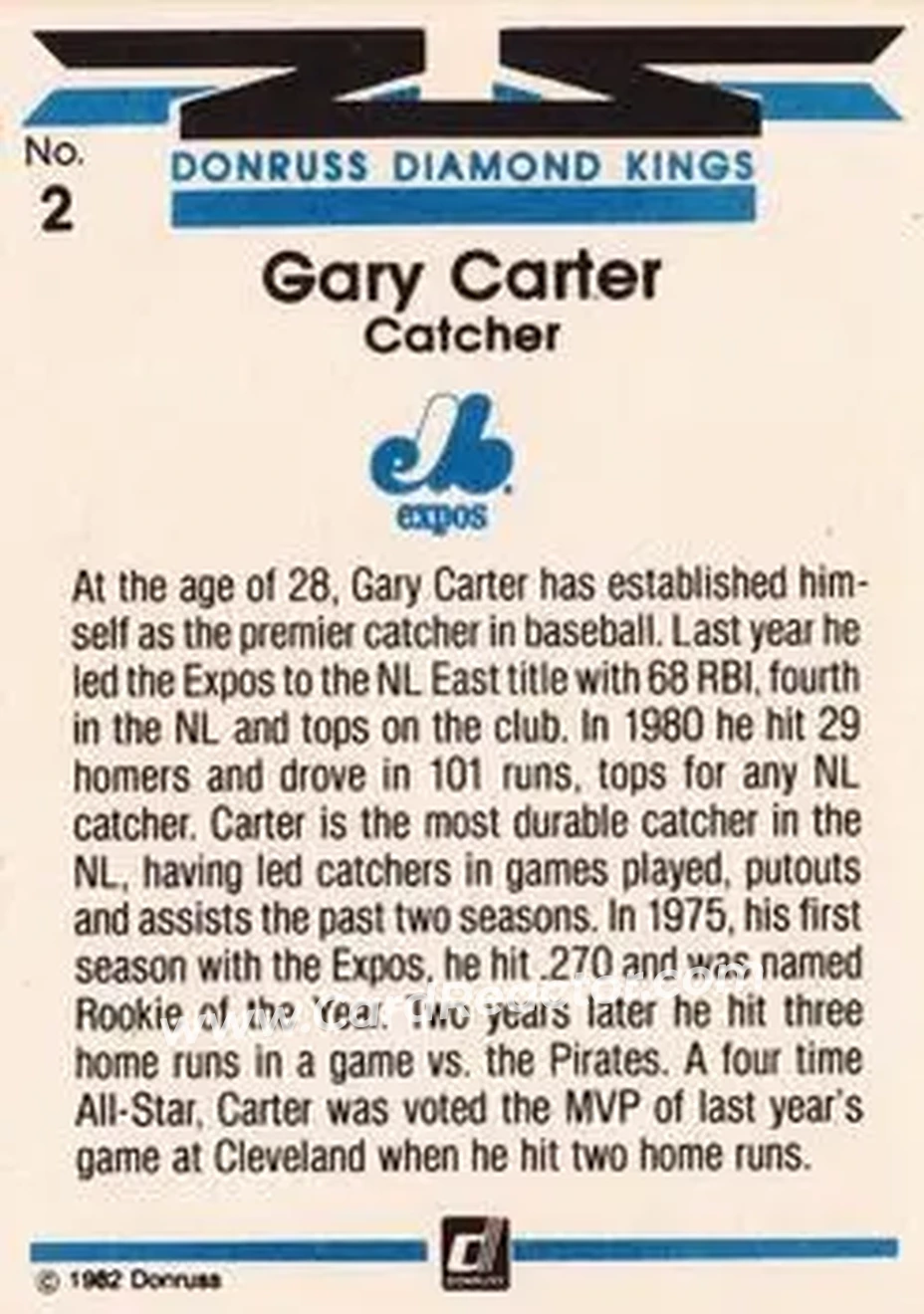 1982 Donruss #2 - Gary Carter - Montreal Expos - Back 1982 Donruss #2 - Gary Carter - Montreal Expos - Back