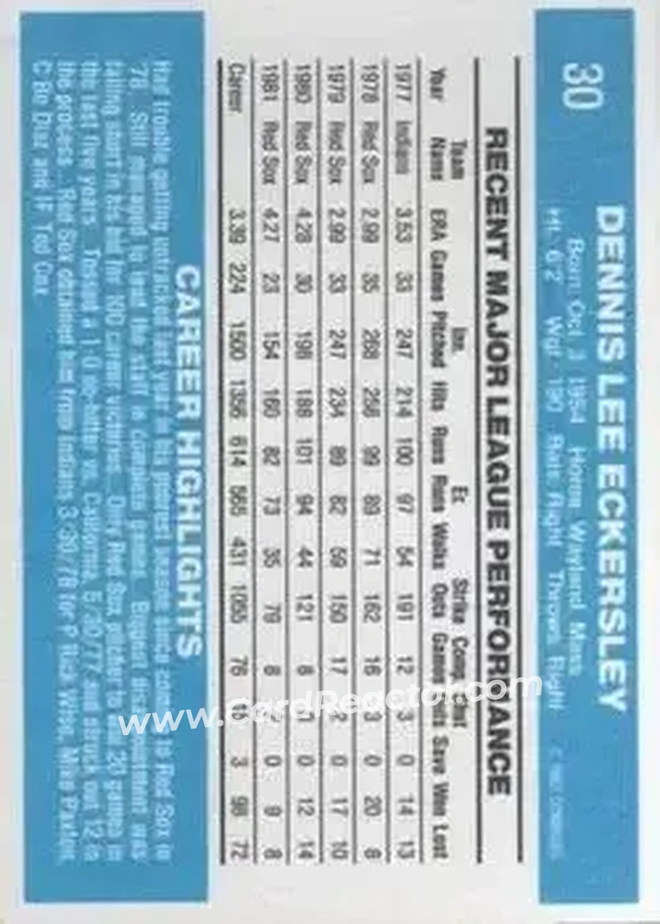 1982 Donruss #30 - Dennis Eckersley - Boston Red Sox - Back 1982 Donruss #30 - Dennis Eckersley - Boston Red Sox - Back