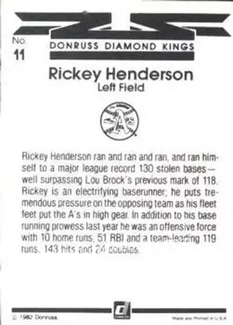 1983 Donruss #11 - Rickey Henderson - Oakland Athletics - Back