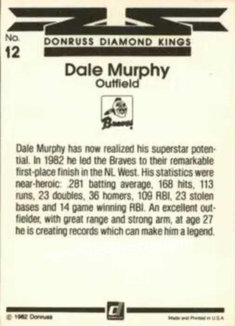 1983 Donruss #12 - Dale Murphy - Atlanta Braves - Back