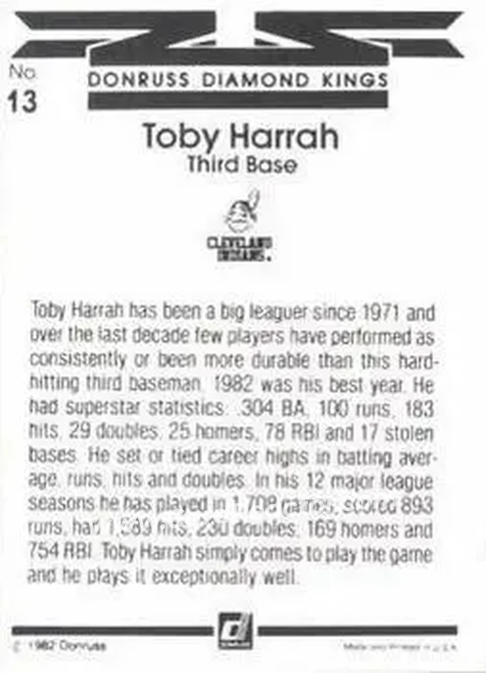 1983 Donruss #13 - Toby Harrah - Cleveland Indians - Back