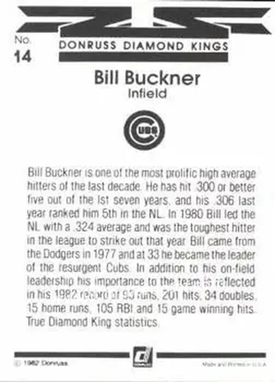 1983 Donruss #14 - Bill Buckner - Chicago Cubs - Back
