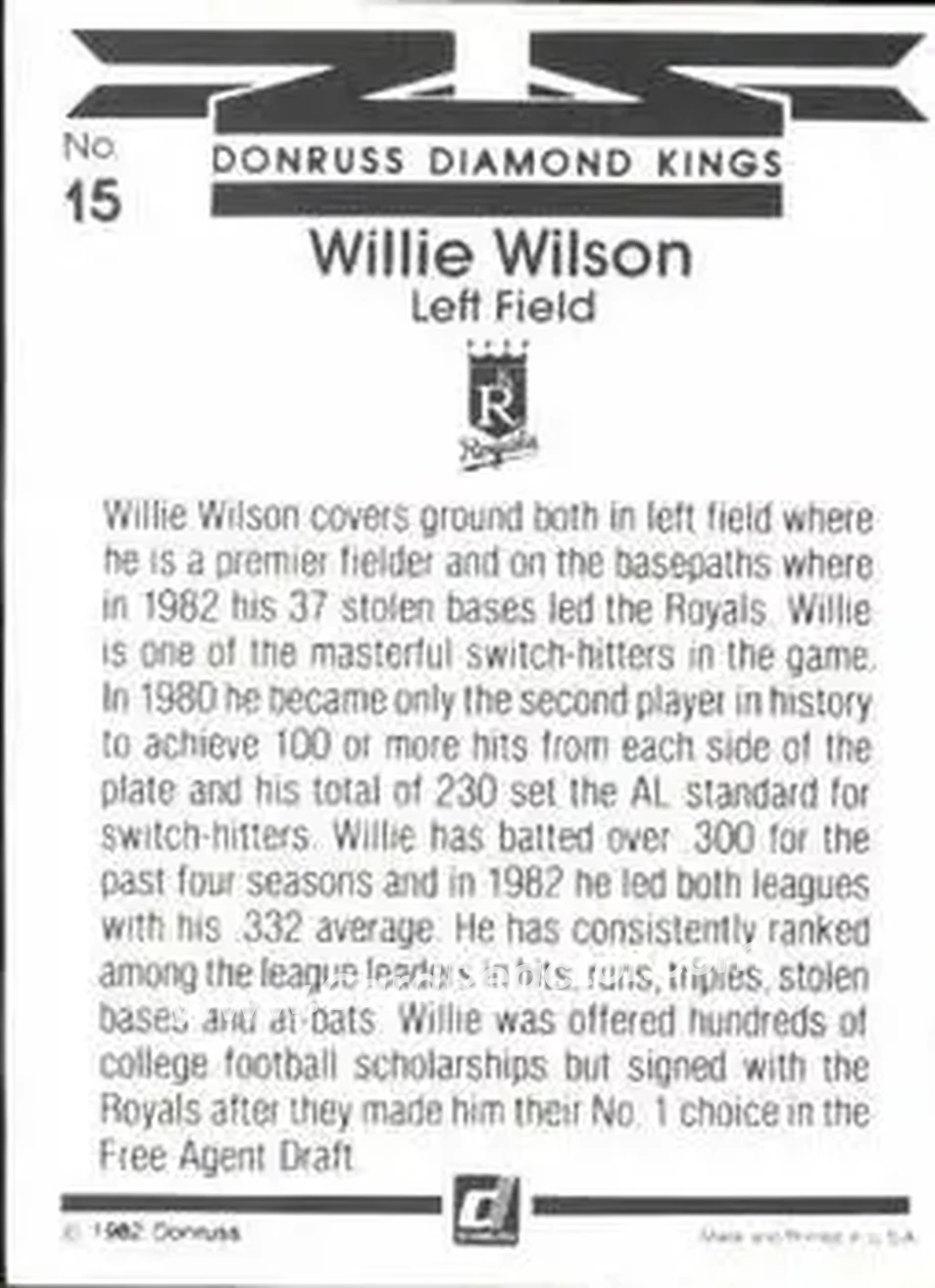 1983 Donruss #15 - Willie Wilson - Kansas City Royals - Back