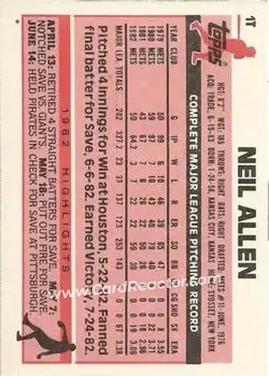 1983 Topps Traded #1T - Neil Allen - St. Louis Cardinals - Back