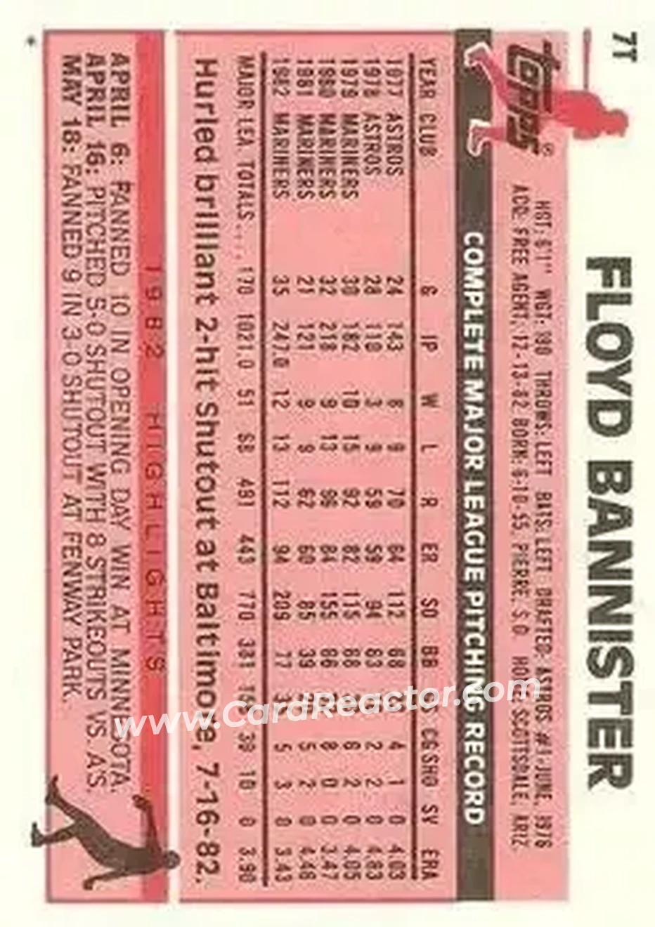 1983 Topps Traded #7T - Floyd Bannister - Chicago White Sox - Back