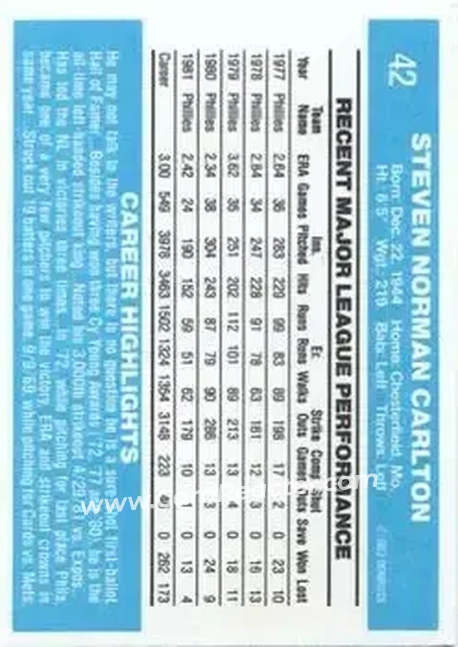 1982 Donruss #42 - Steve Carlton - Philadelphia Phillies - Back