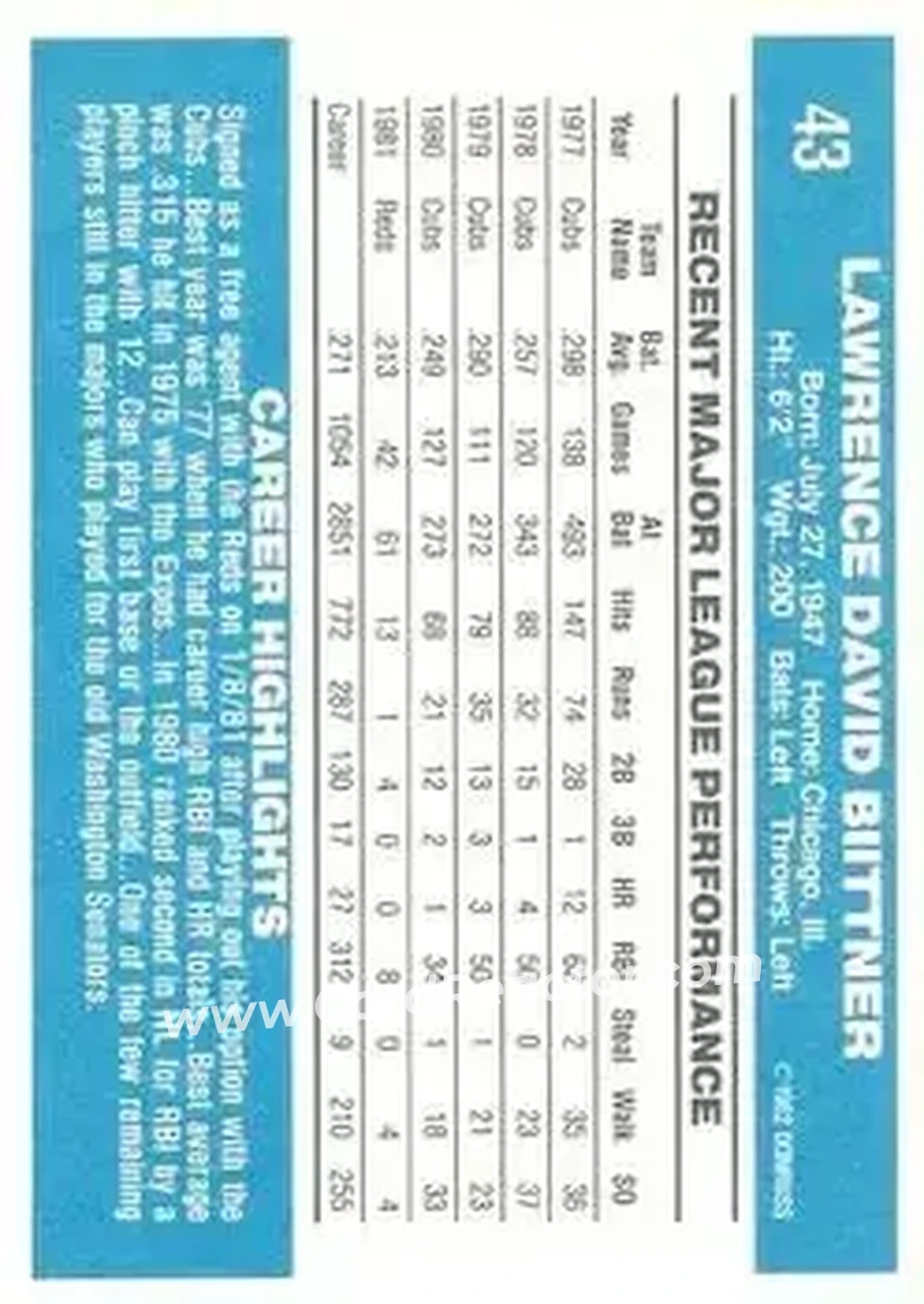 1982 Donruss #43 - Larry Biittner - Cincinnati Reds - Back