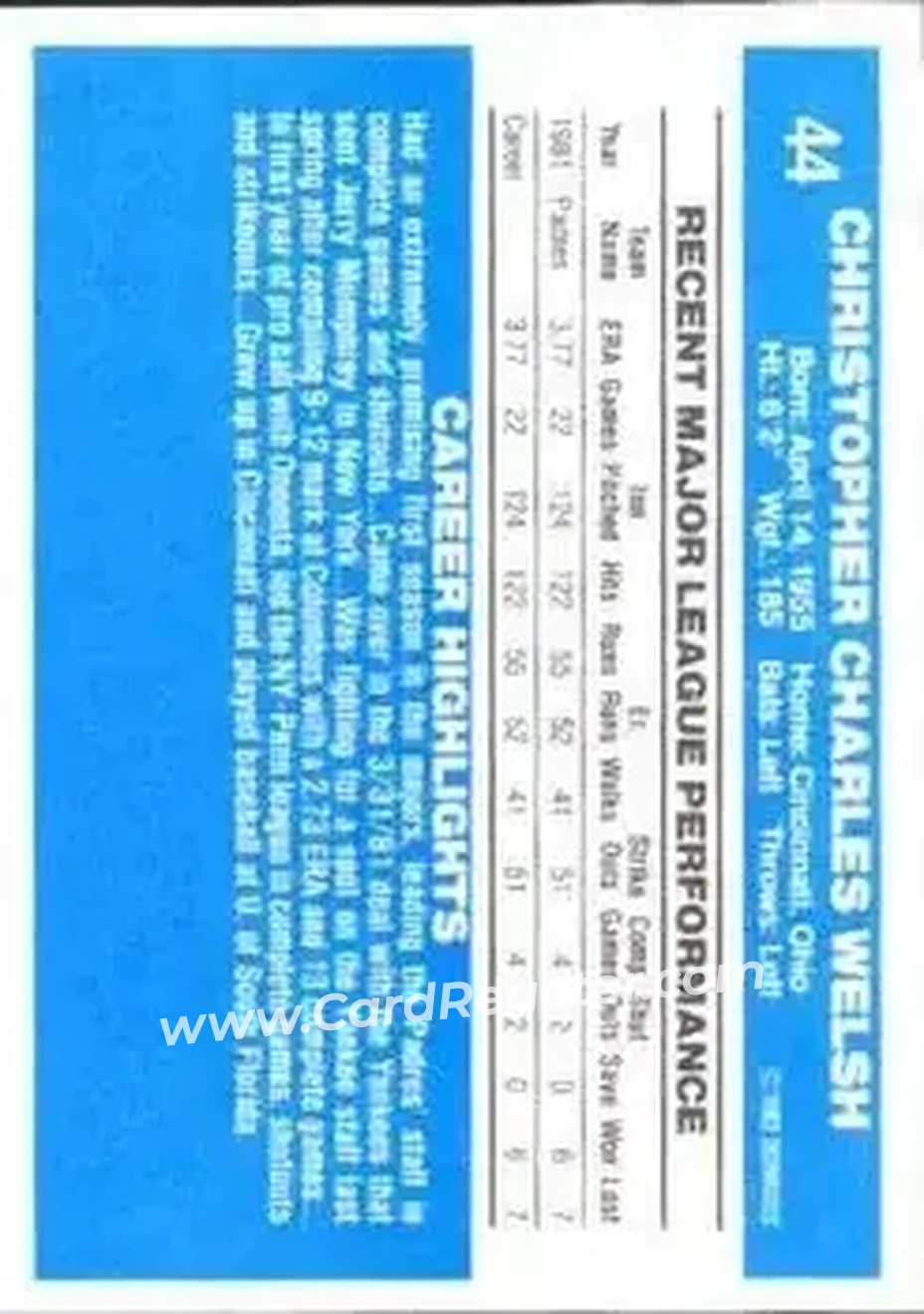 1982 Donruss #44 - Chris Welsh - San Diego Padres - Back