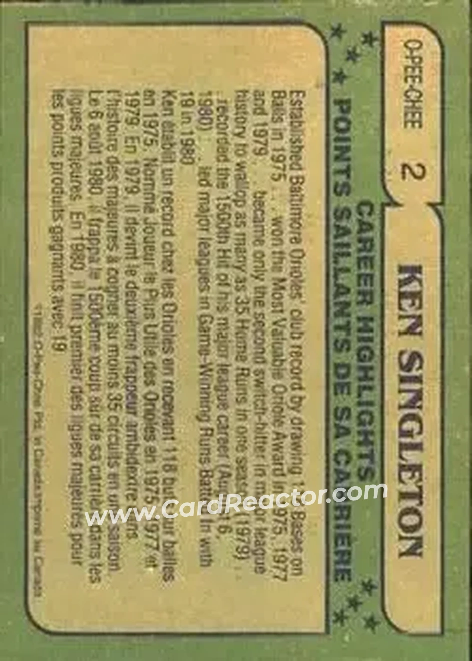 1982 O-Pee-Chee #2 - Ken Singleton - Baltimore Orioles - Back