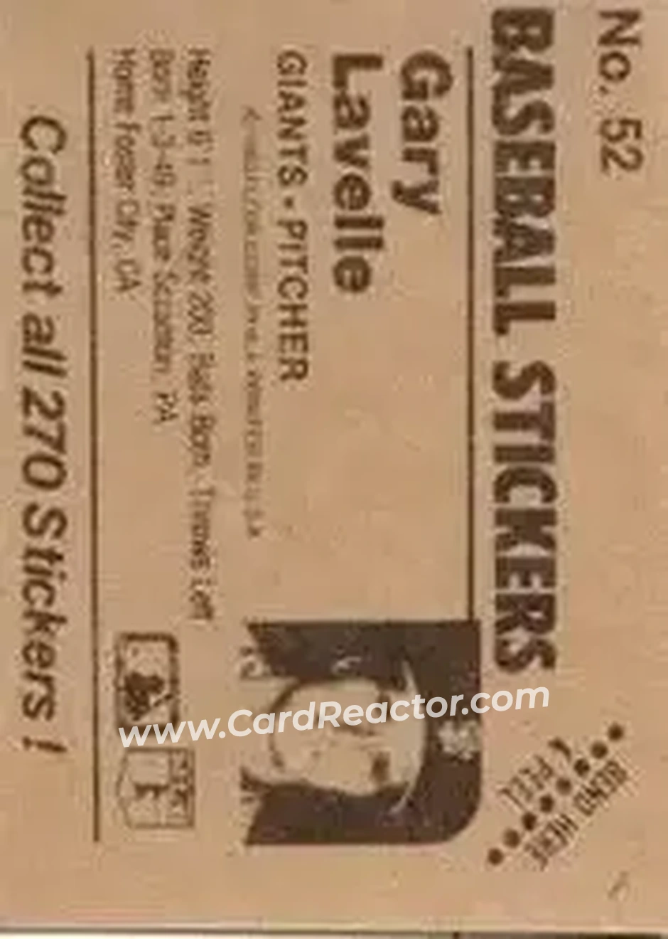 1983 Fleer Star Stickers #52 - Gary Lavelle - San Francisco Giants - Back 1983 Fleer Star Stickers #52 - Gary Lavelle - San Francisco Giants - Back