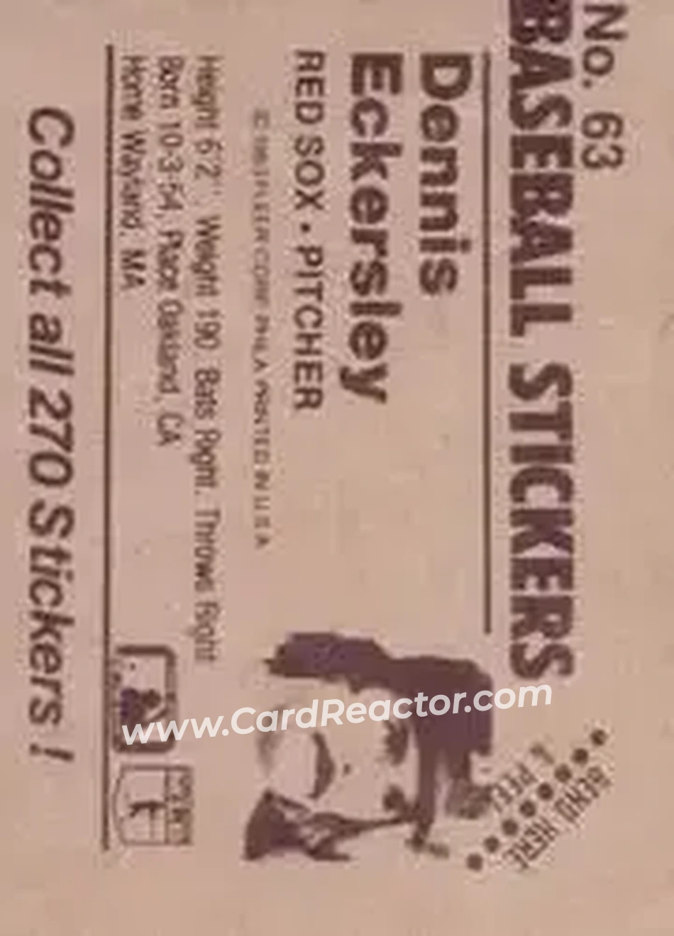 1983 Fleer Star Stickers #63 - Dennis Eckersley - Boston Red Sox - Back