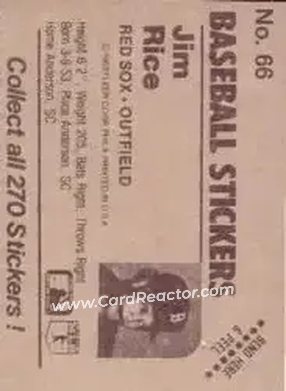 1983 Fleer Star Stickers #66 - Jim Rice - Boston Red Sox - Back 1983 Fleer Star Stickers #66 - Jim Rice - Boston Red Sox - Back