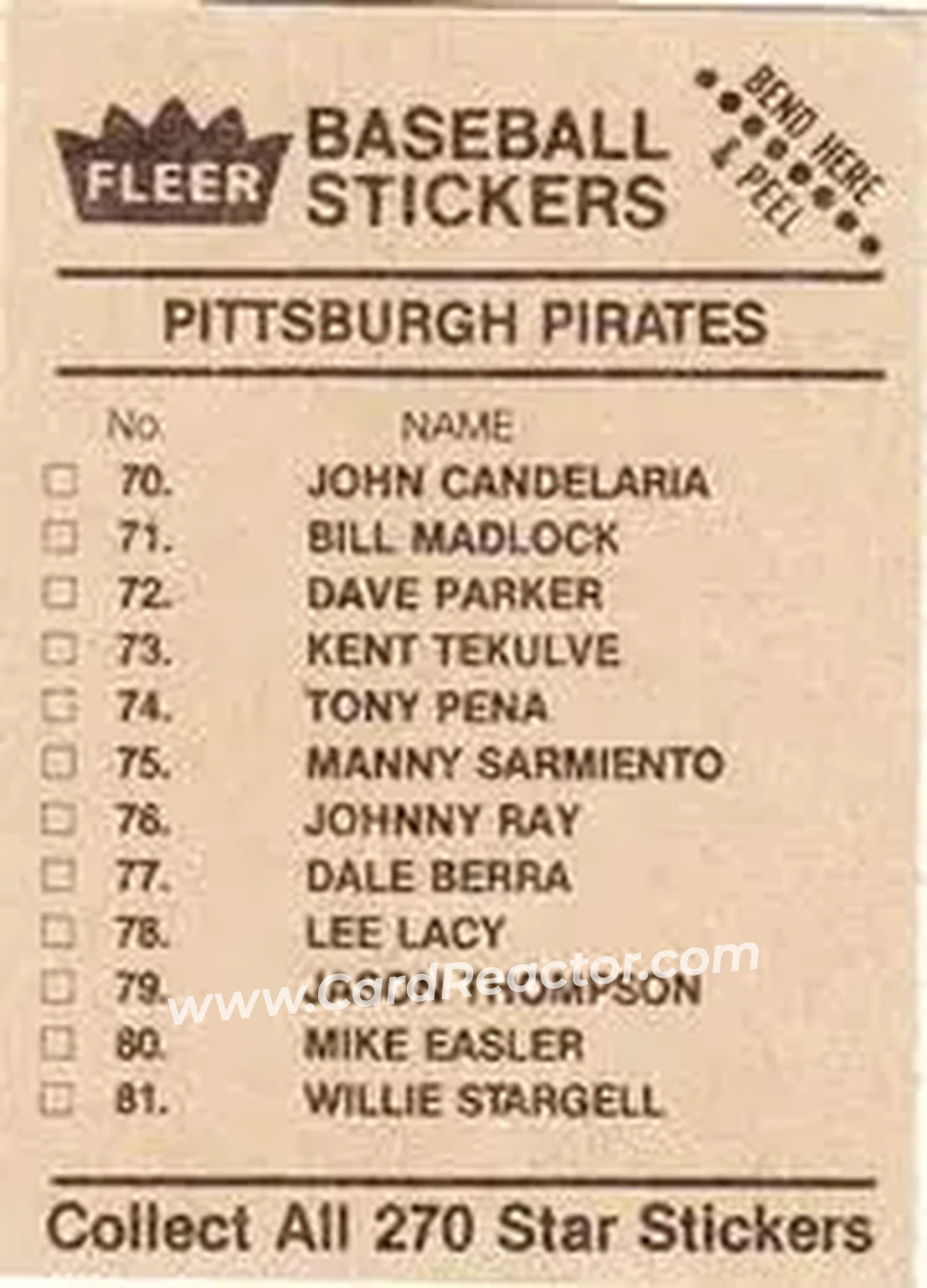 1983 Fleer Star Stickers #70 - John Candelaria - Pittsburgh Pirates - Back