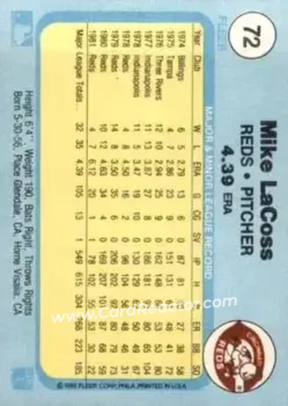 1982 Fleer #72 - Mike LaCoss - Cincinnati Reds - Back 1982 Fleer #72 - Mike LaCoss - Cincinnati Reds - Back
